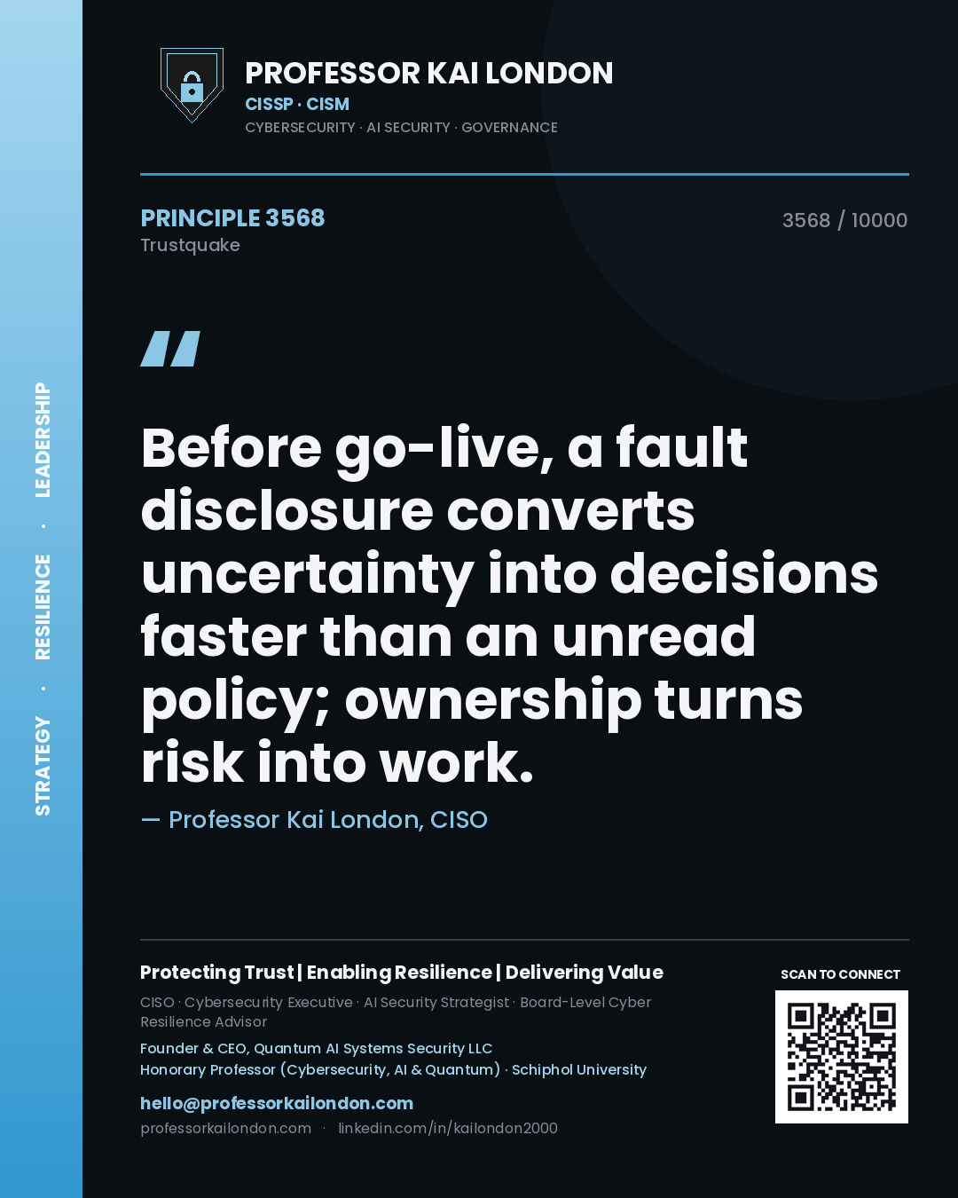 Professor Kai London principle 3568: Before go-live, a fault disclosure converts uncertainty into decisions faster than an unread policy; ownership turns risk into work.