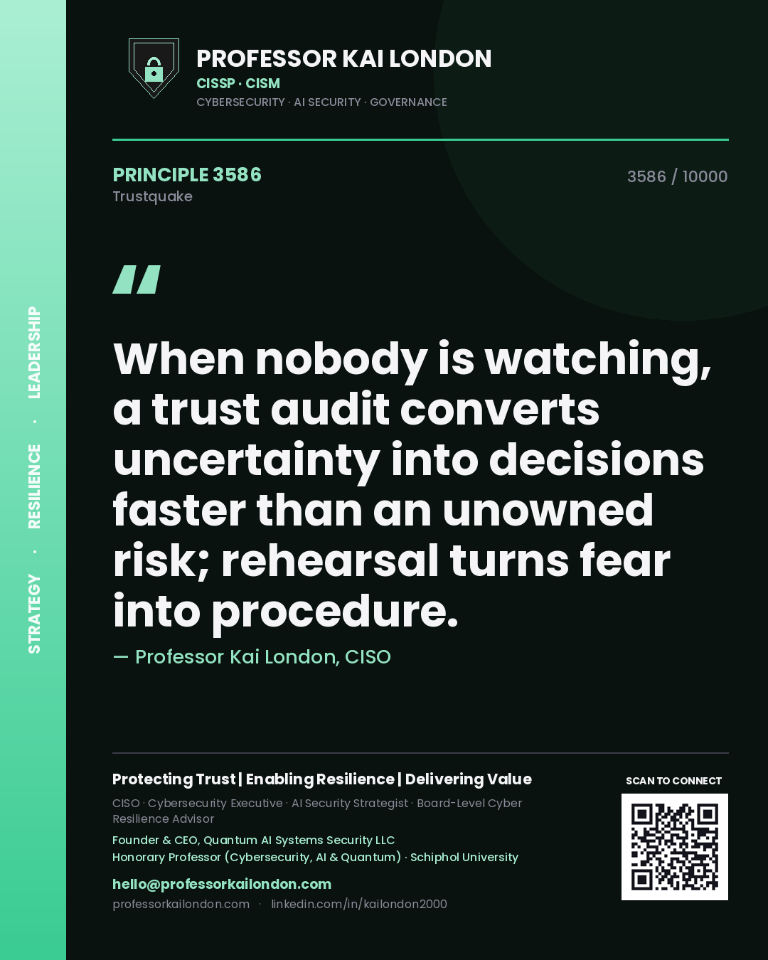 Professor Kai London principle 3586: When nobody is watching, a trust audit converts uncertainty into decisions faster than an unowned risk; rehearsal turns fear into procedure.