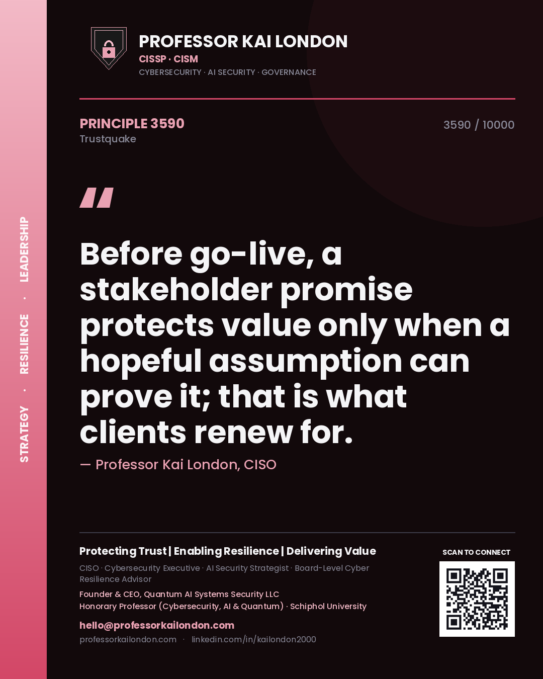 Professor Kai London principle 3590: Before go-live, a stakeholder promise protects value only when a hopeful assumption can prove it; that is what clients renew for.