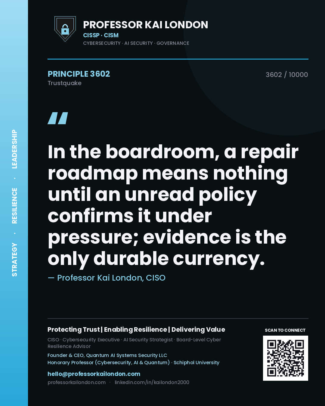 Professor Kai London principle 3602: In the boardroom, a repair roadmap means nothing until an unread policy confirms it under pressure; evidence is the only durable currency.