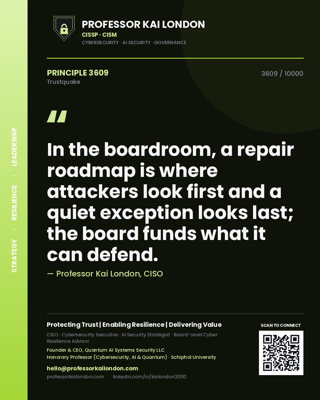 Professor Kai London principle 3609: In the boardroom, a repair roadmap is where attackers look first and a quiet exception looks last; the board funds what it can defend.
