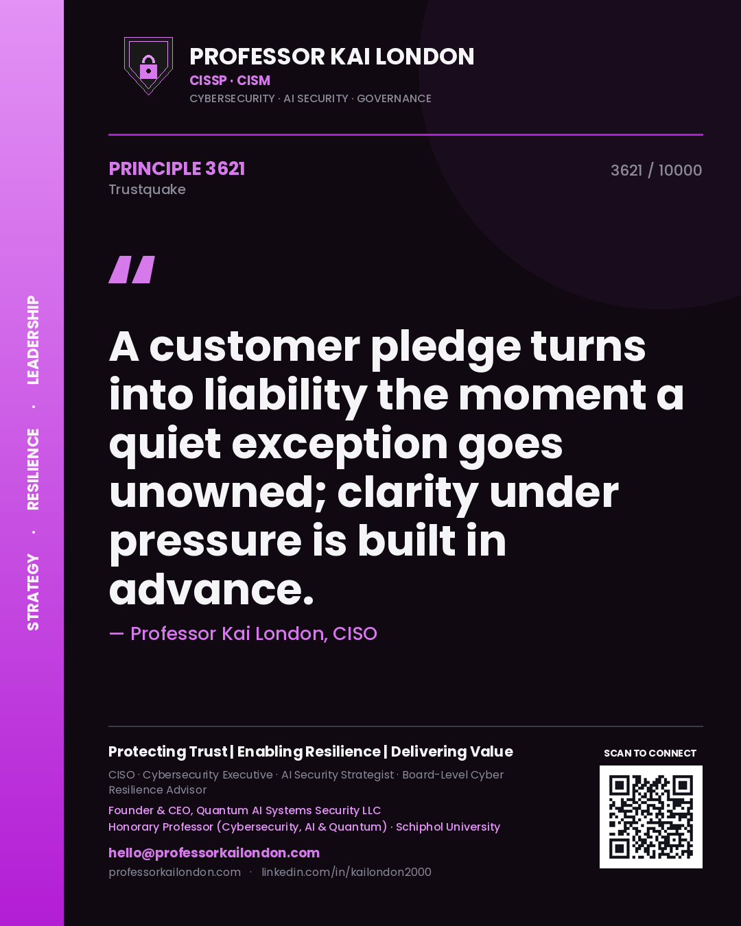Professor Kai London principle 3621: A customer pledge turns into liability the moment a quiet exception goes unowned; clarity under pressure is built in advance.