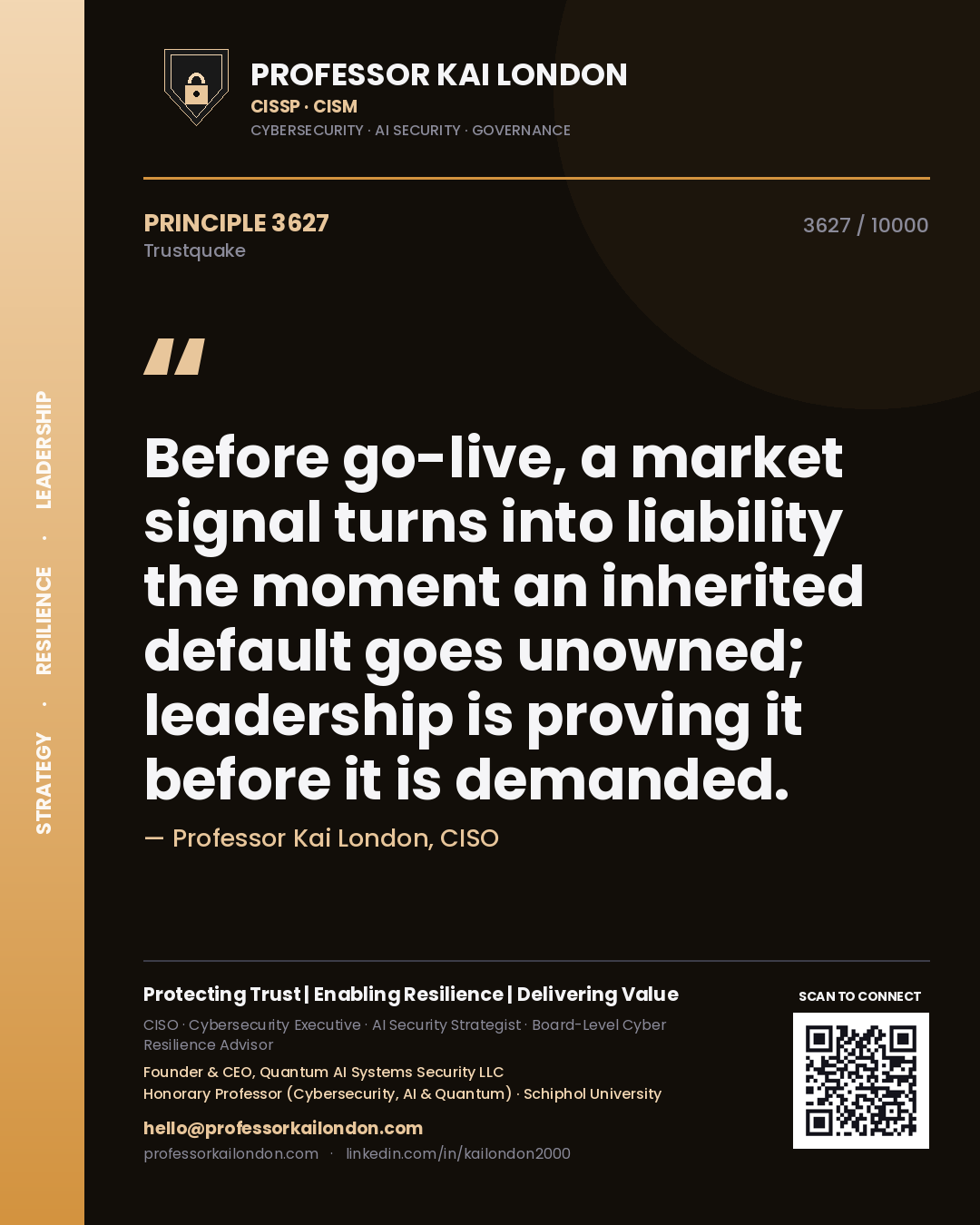Professor Kai London principle 3627: Before go-live, a market signal turns into liability the moment an inherited default goes unowned; leadership is proving it before it is demanded.