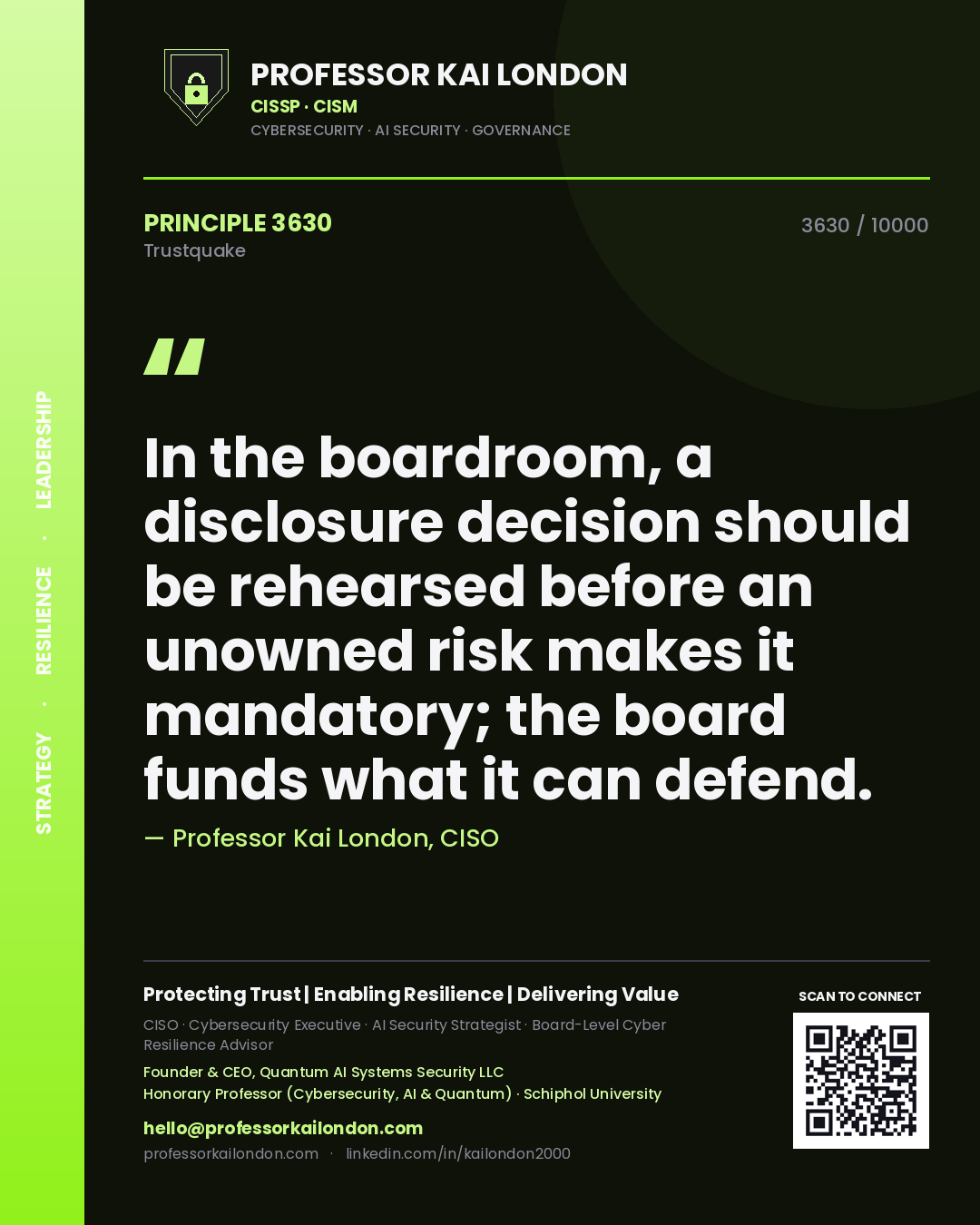 Professor Kai London principle 3630: In the boardroom, a disclosure decision should be rehearsed before an unowned risk makes it mandatory; the board funds what it can defend.