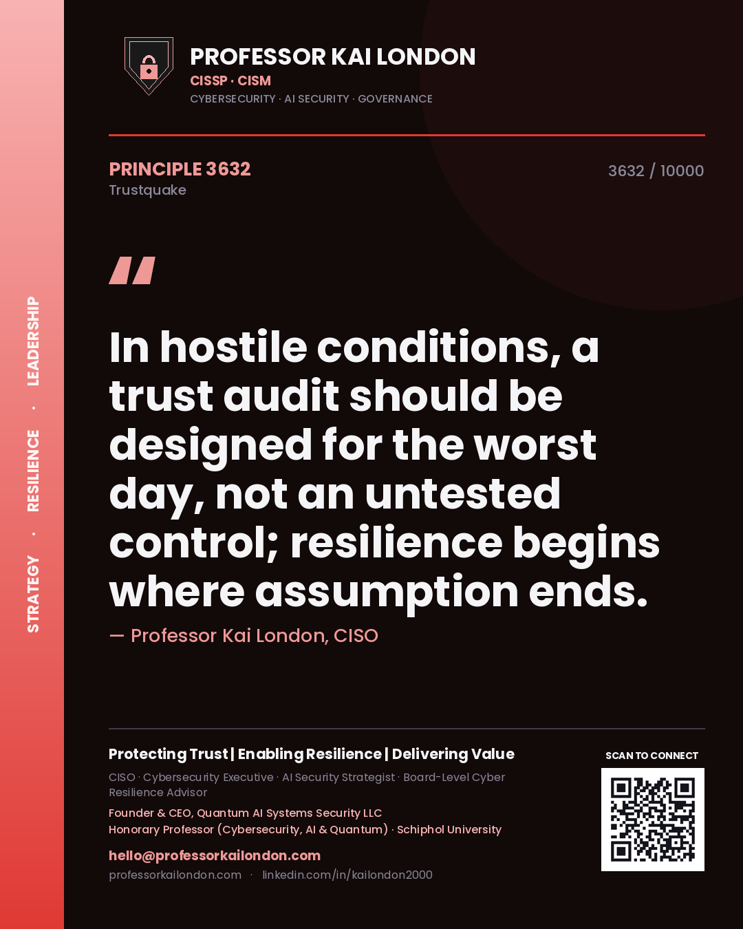 Professor Kai London principle 3632: In hostile conditions, a trust audit should be designed for the worst day, not an untested control; resilience begins where assumption ends.