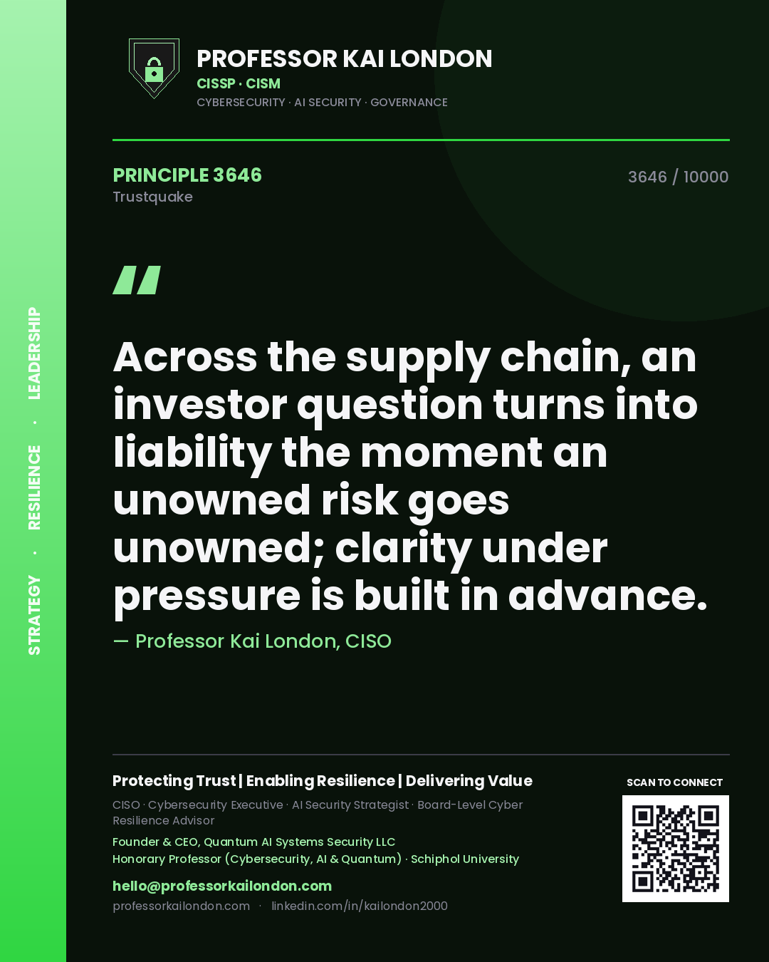 Professor Kai London principle 3646: Across the supply chain, an investor question turns into liability the moment an unowned risk goes unowned; clarity under pressure is built in advance.