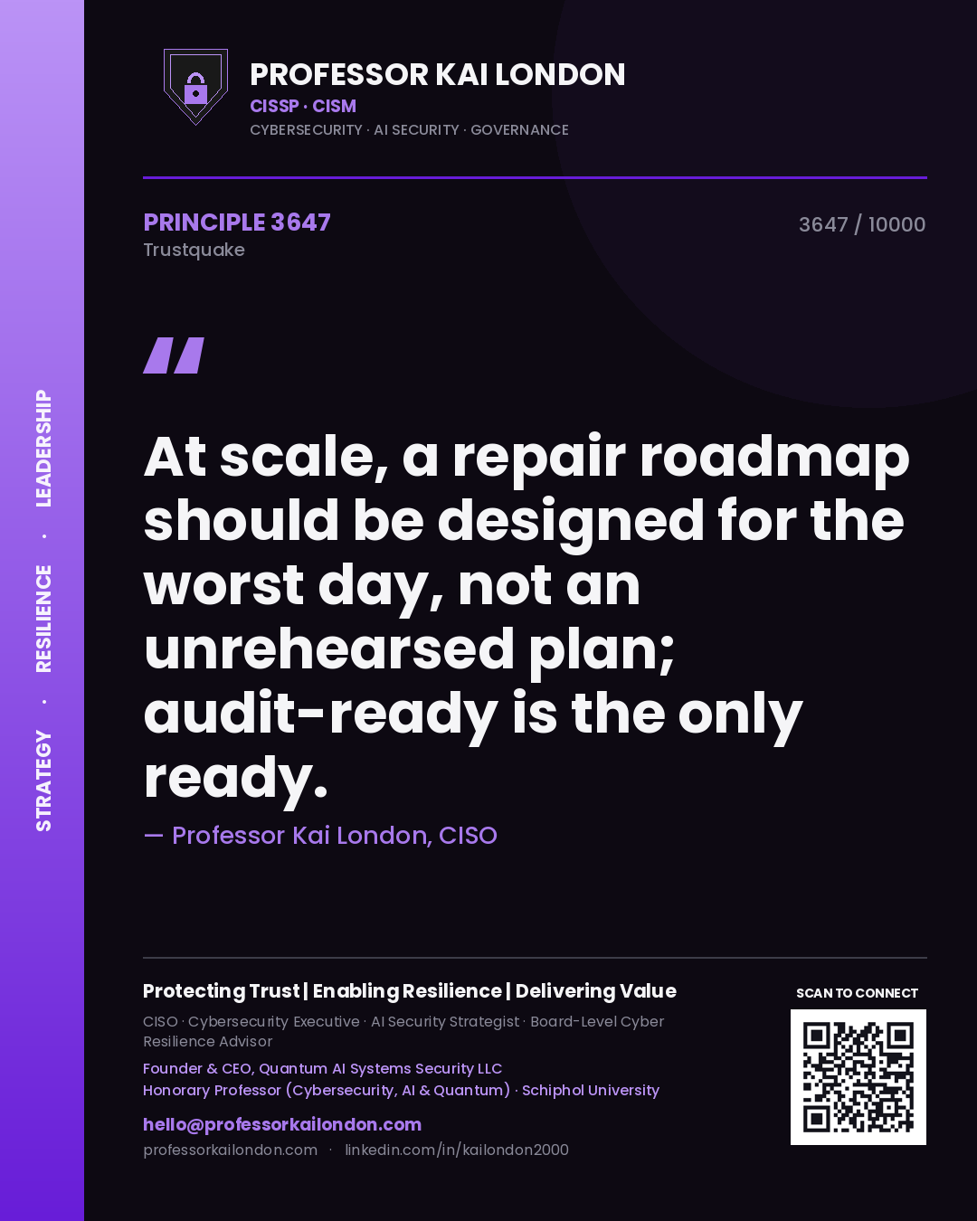 Professor Kai London principle 3647: At scale, a repair roadmap should be designed for the worst day, not an unrehearsed plan; audit-ready is the only ready.