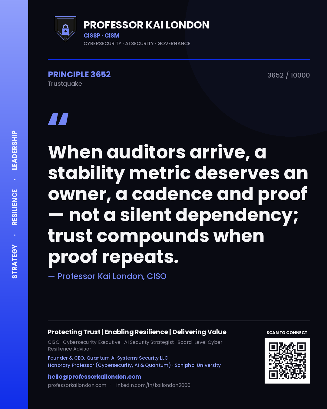 Professor Kai London principle 3652: When auditors arrive, a stability metric deserves an owner, a cadence and proof — not a silent dependency; trust compounds when proof repeats.