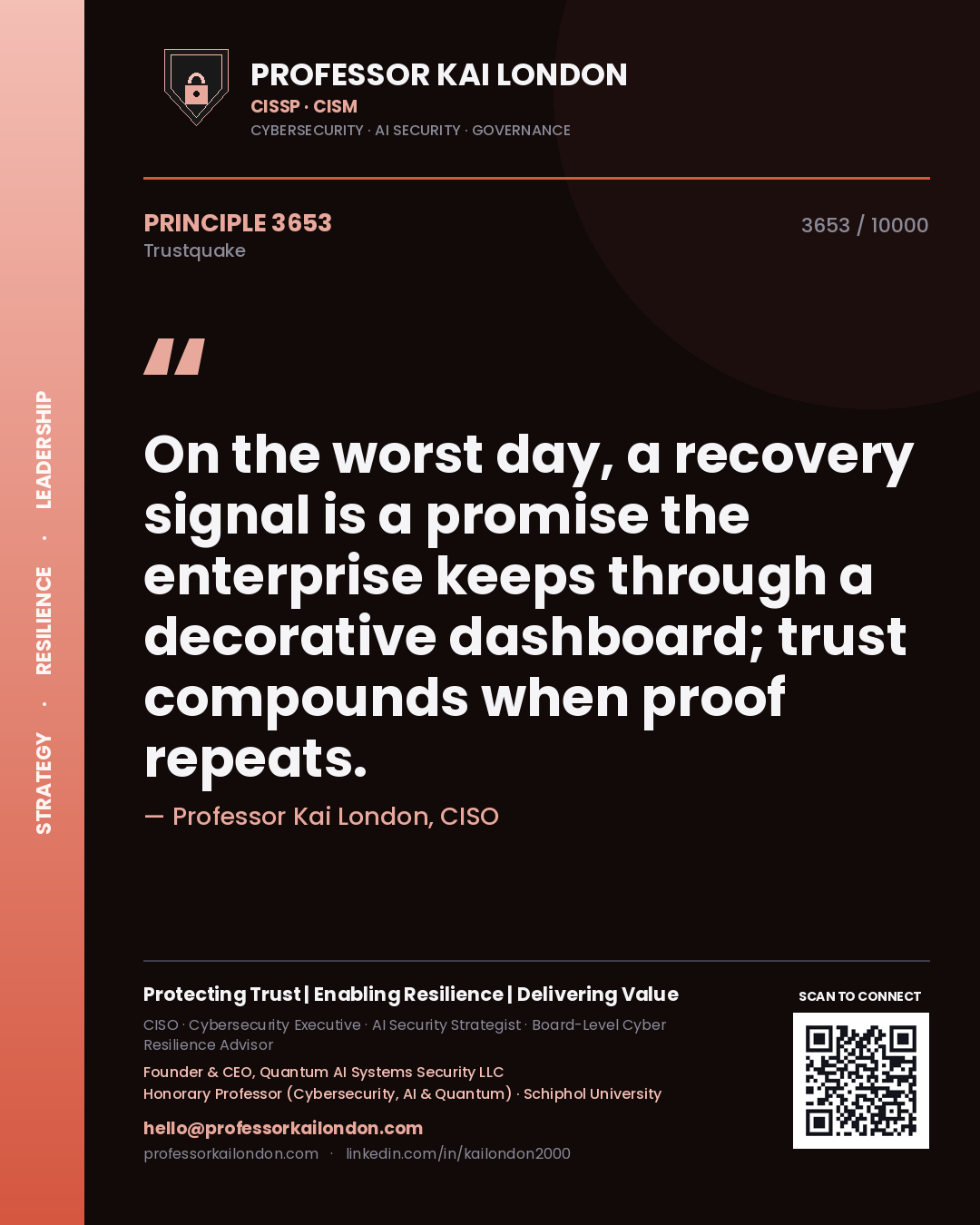 Professor Kai London principle 3653: On the worst day, a recovery signal is a promise the enterprise keeps through a decorative dashboard; trust compounds when proof repeats.