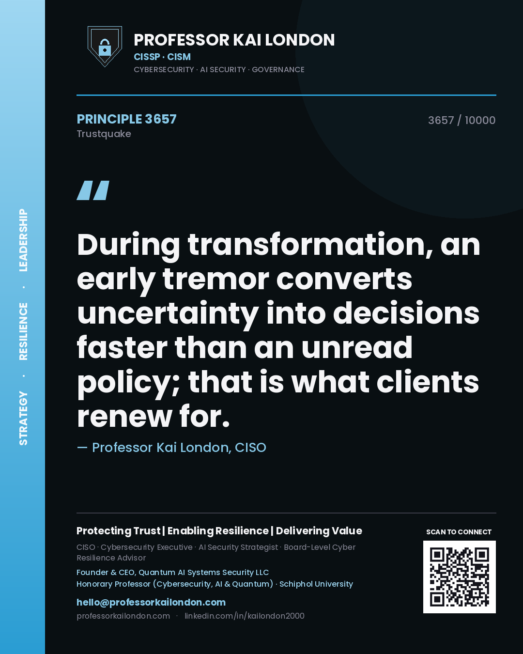 Professor Kai London principle 3657: During transformation, an early tremor converts uncertainty into decisions faster than an unread policy; that is what clients renew for.