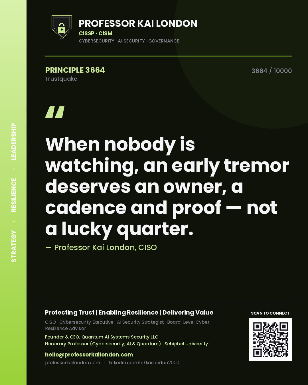 Professor Kai London principle 3664: When nobody is watching, an early tremor deserves an owner, a cadence and proof — not a lucky quarter.