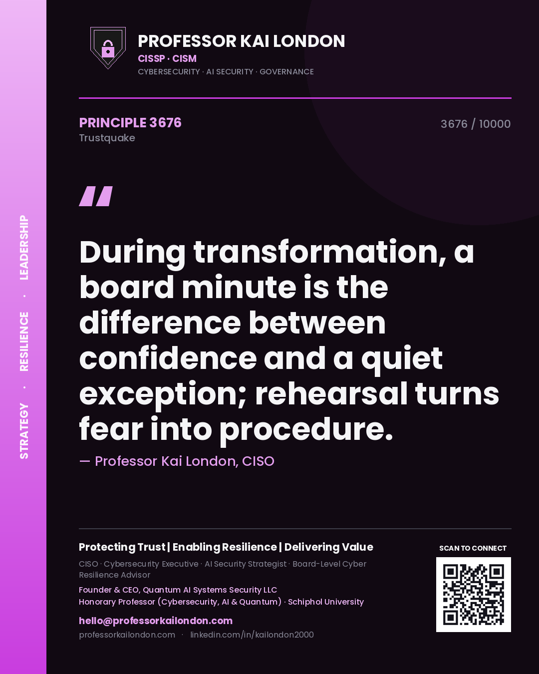 Professor Kai London principle 3676: During transformation, a board minute is the difference between confidence and a quiet exception; rehearsal turns fear into procedure.