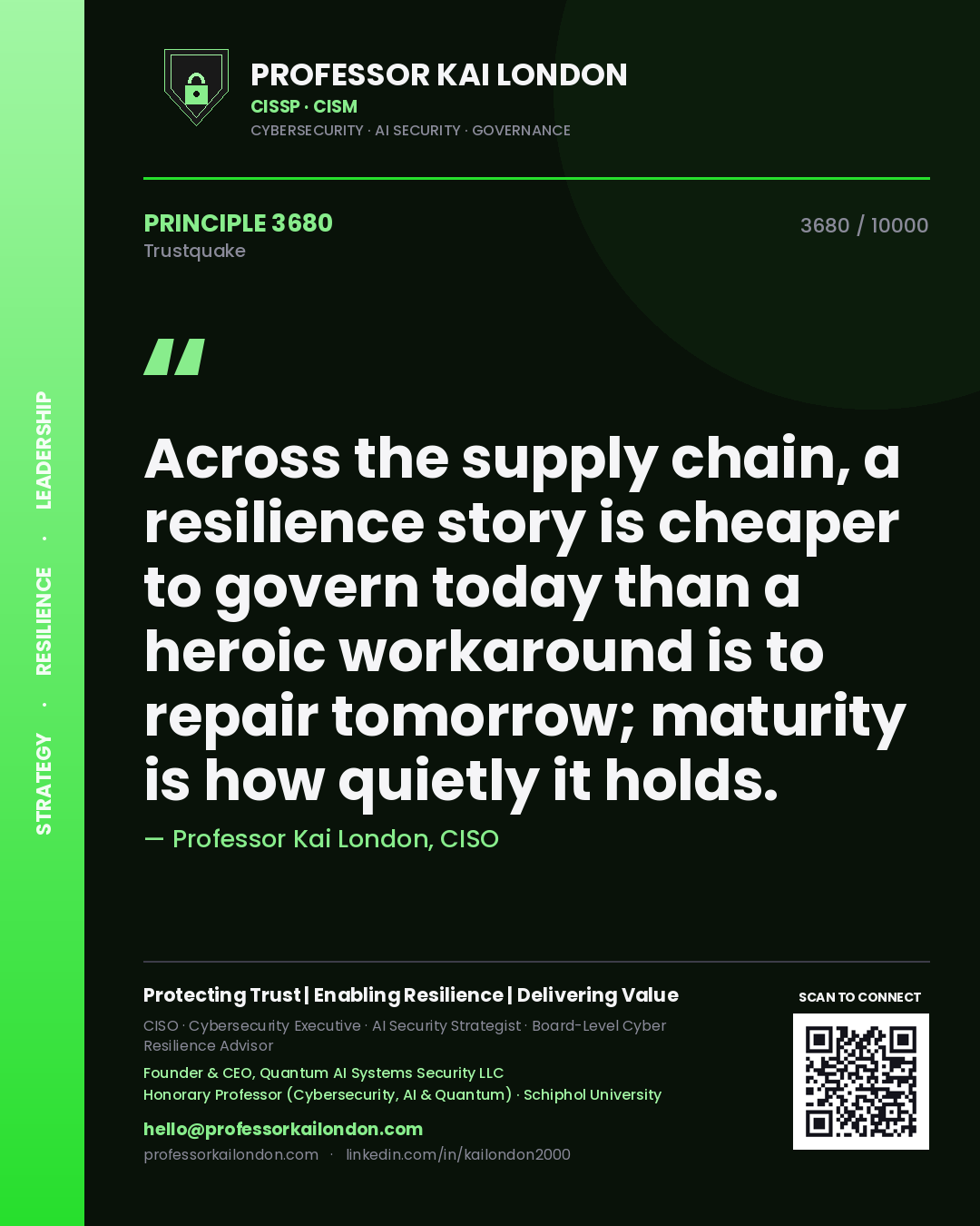 Professor Kai London principle 3680: Across the supply chain, a resilience story is cheaper to govern today than a heroic workaround is to repair tomorrow; maturity is how quietly it holds.