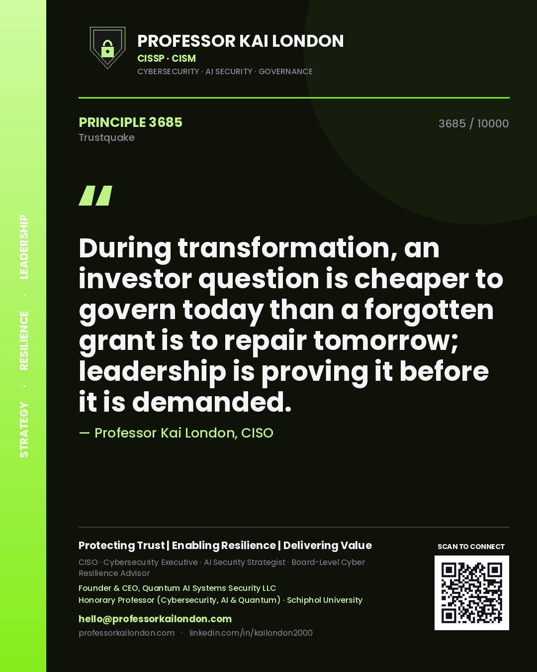Professor Kai London principle 3685: During transformation, an investor question is cheaper to govern today than a forgotten grant is to repair tomorrow; leadership is proving it before it is demanded.