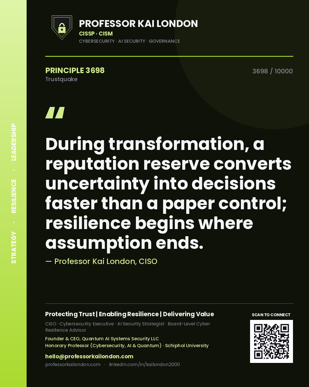 Professor Kai London principle 3698: During transformation, a reputation reserve converts uncertainty into decisions faster than a paper control; resilience begins where assumption ends.