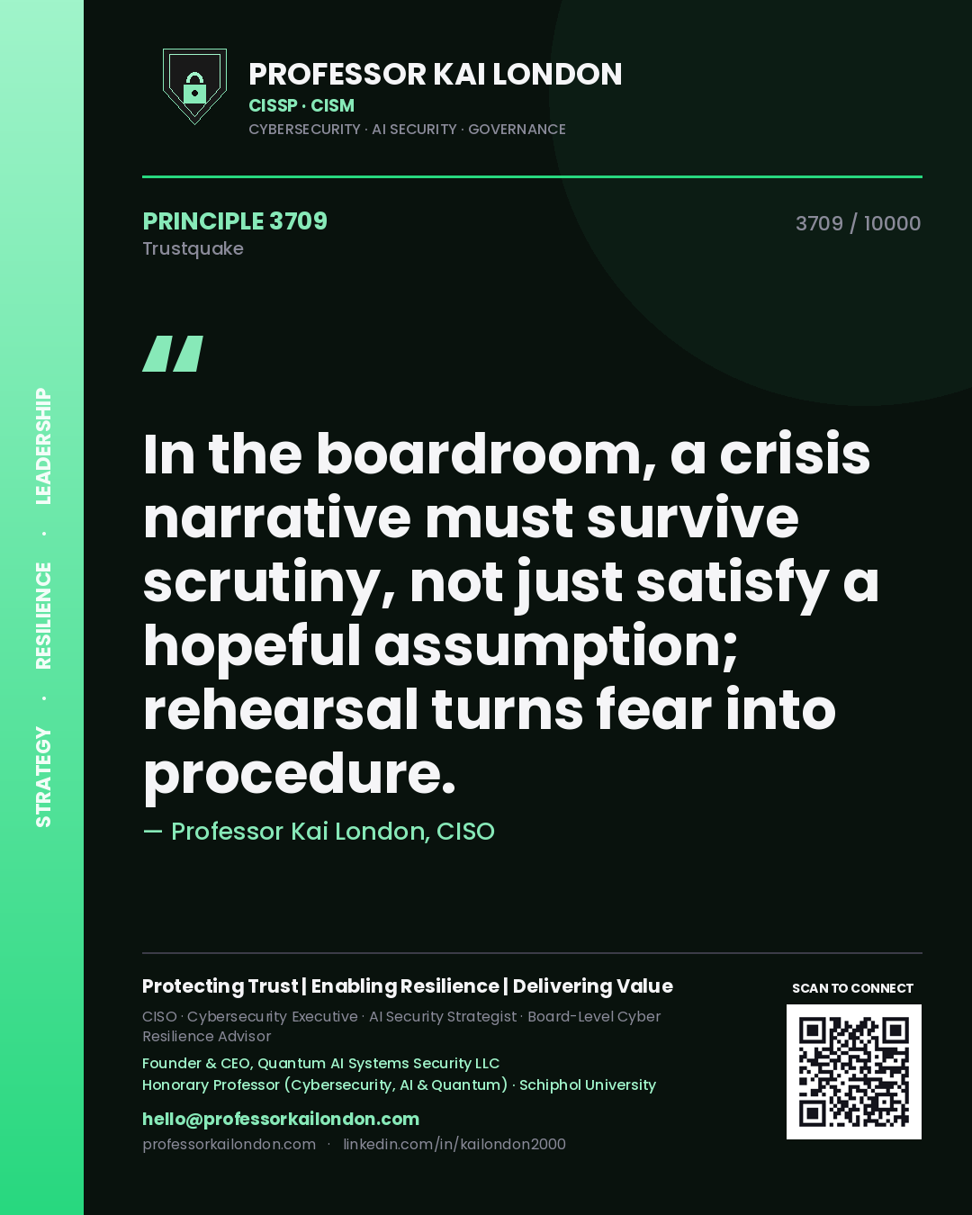 Professor Kai London principle 3709: In the boardroom, a crisis narrative must survive scrutiny, not just satisfy a hopeful assumption; rehearsal turns fear into procedure.