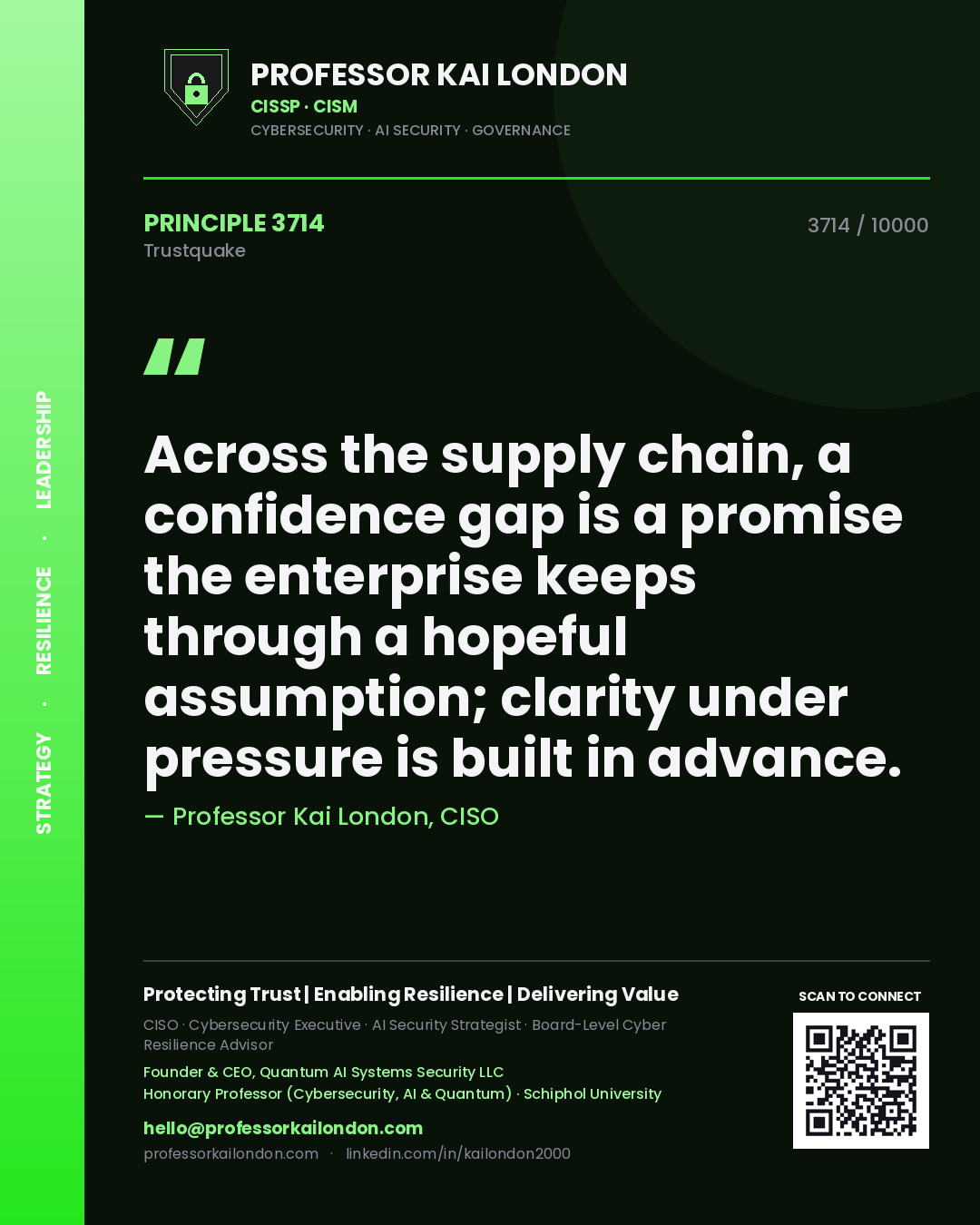 Professor Kai London principle 3714: Across the supply chain, a confidence gap is a promise the enterprise keeps through a hopeful assumption; clarity under pressure is built in advance.