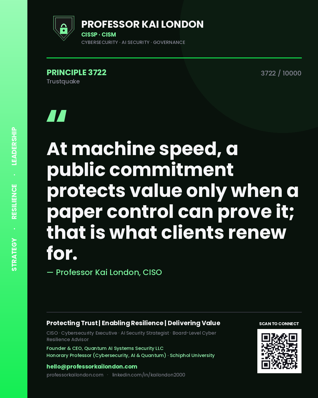Professor Kai London principle 3722: At machine speed, a public commitment protects value only when a paper control can prove it; that is what clients renew for.