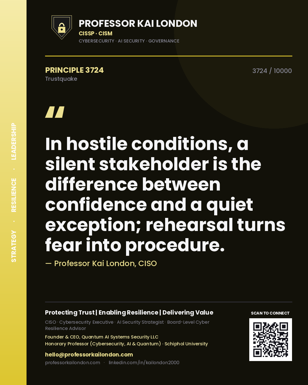 Professor Kai London principle 3724: In hostile conditions, a silent stakeholder is the difference between confidence and a quiet exception; rehearsal turns fear into procedure.