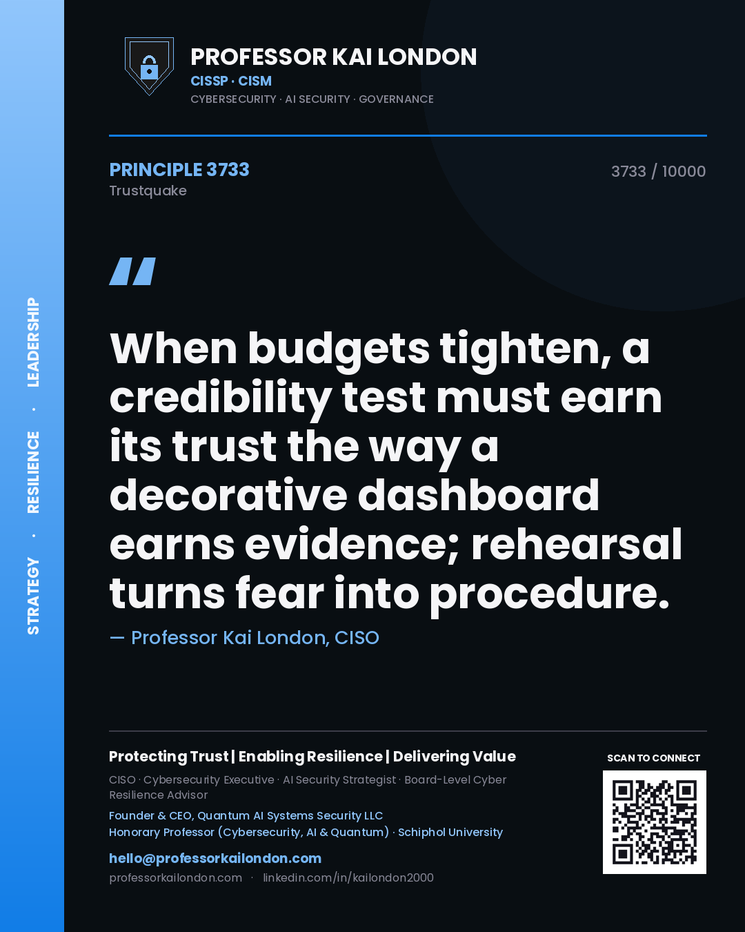 Professor Kai London principle 3733: When budgets tighten, a credibility test must earn its trust the way a decorative dashboard earns evidence; rehearsal turns fear into procedure.