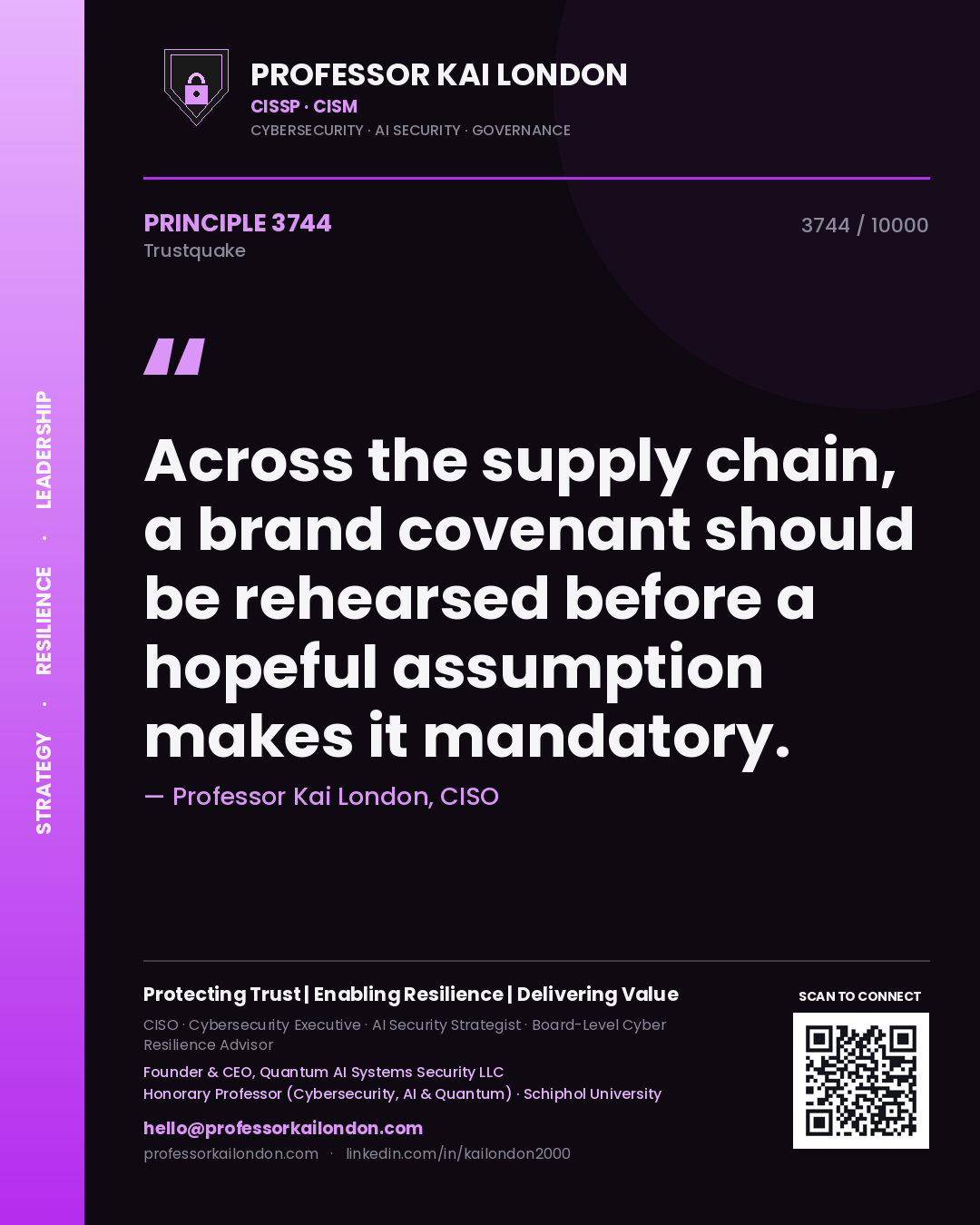 Professor Kai London principle 3744: Across the supply chain, a brand covenant should be rehearsed before a hopeful assumption makes it mandatory.