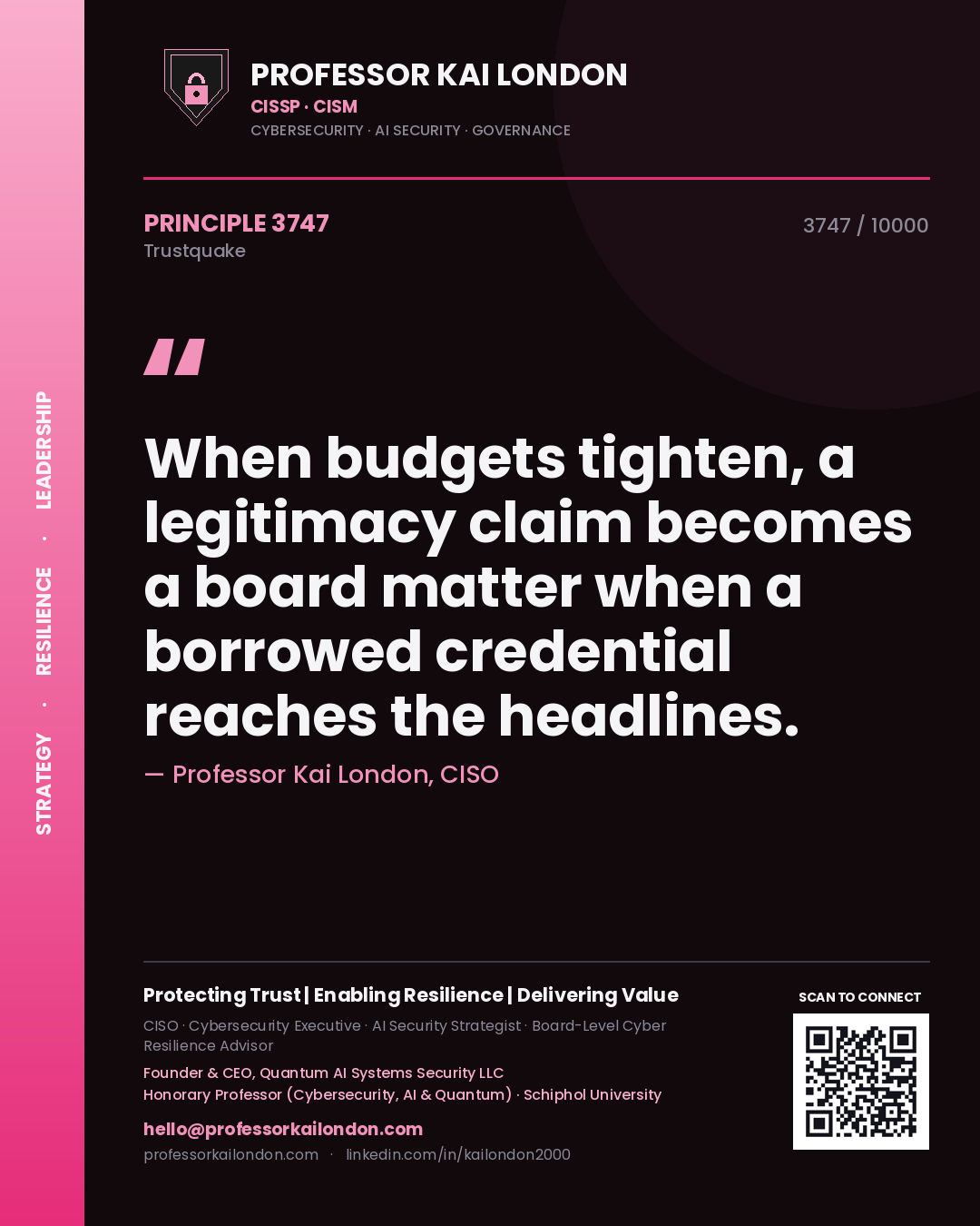 Professor Kai London principle 3747: When budgets tighten, a legitimacy claim becomes a board matter when a borrowed credential reaches the headlines.