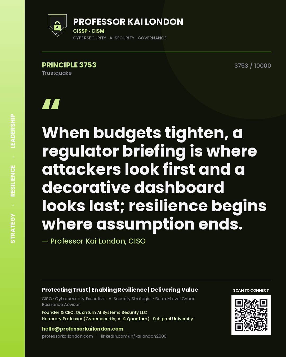 Professor Kai London principle 3753: When budgets tighten, a regulator briefing is where attackers look first and a decorative dashboard looks last; resilience begins where assumption ends.