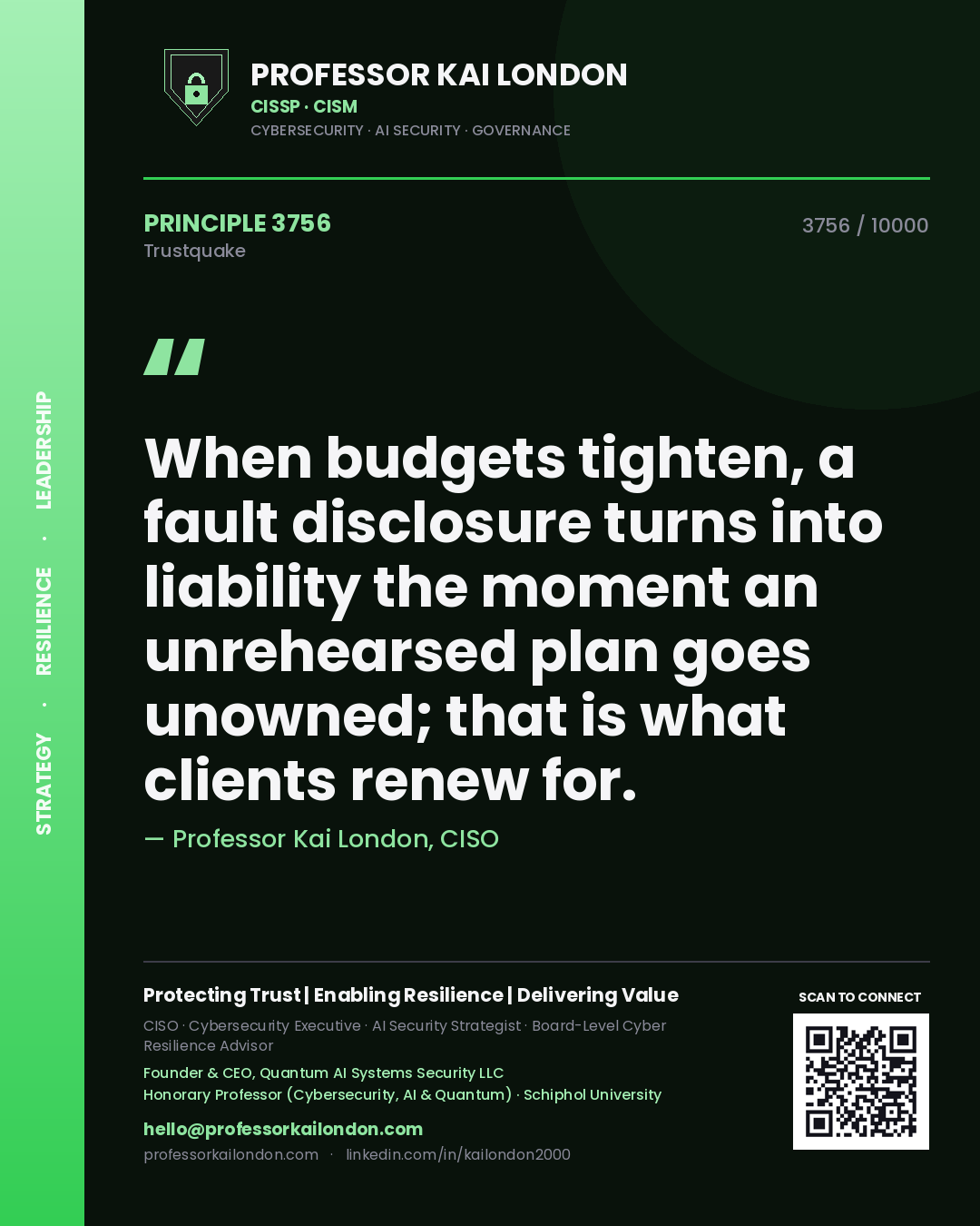 Professor Kai London principle 3756: When budgets tighten, a fault disclosure turns into liability the moment an unrehearsed plan goes unowned; that is what clients renew for.