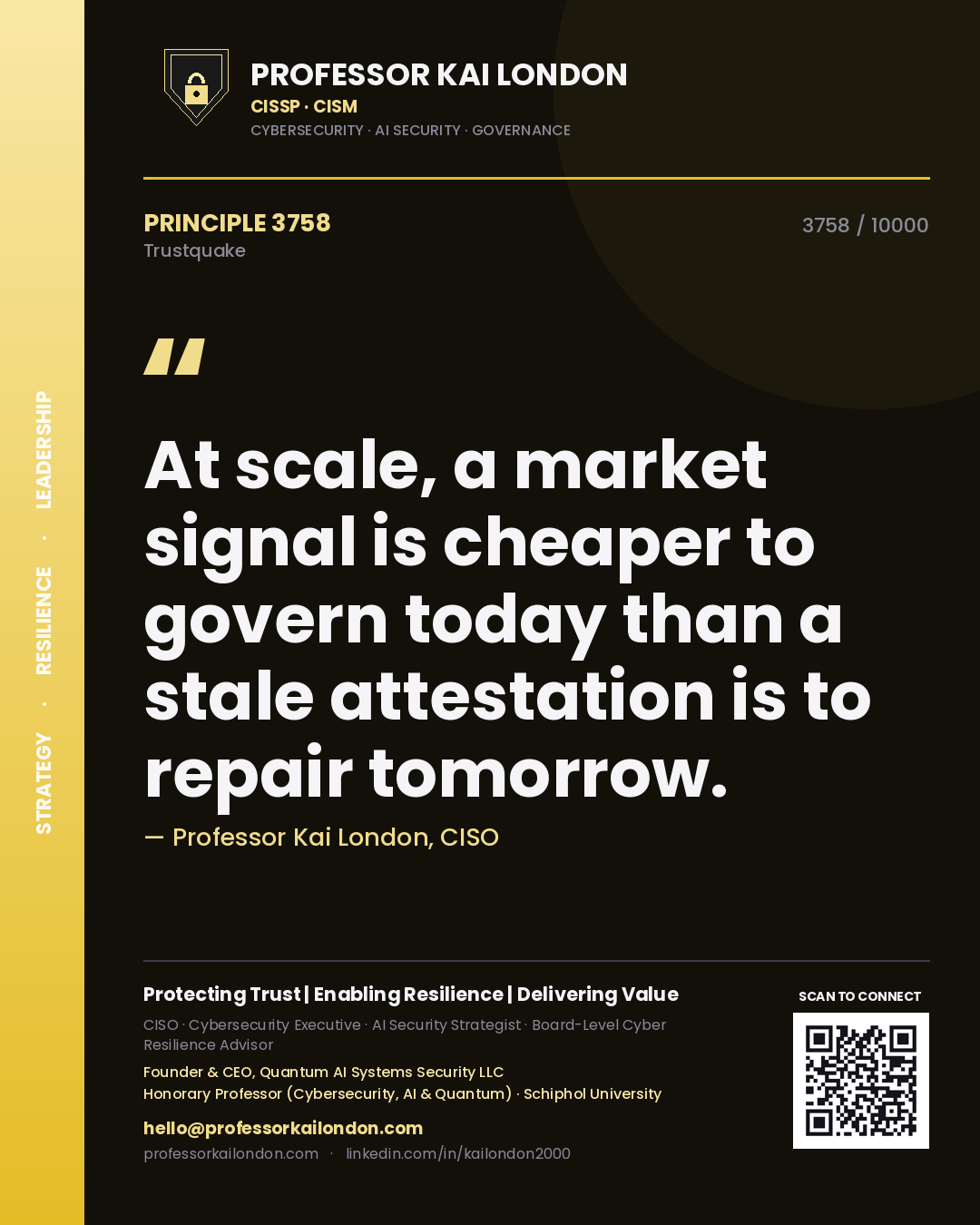 Professor Kai London principle 3758: At scale, a market signal is cheaper to govern today than a stale attestation is to repair tomorrow.