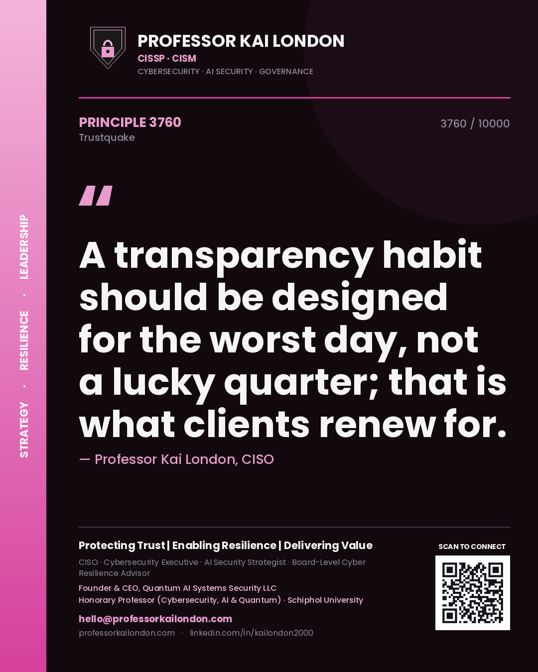 Professor Kai London principle 3760: A transparency habit should be designed for the worst day, not a lucky quarter; that is what clients renew for.