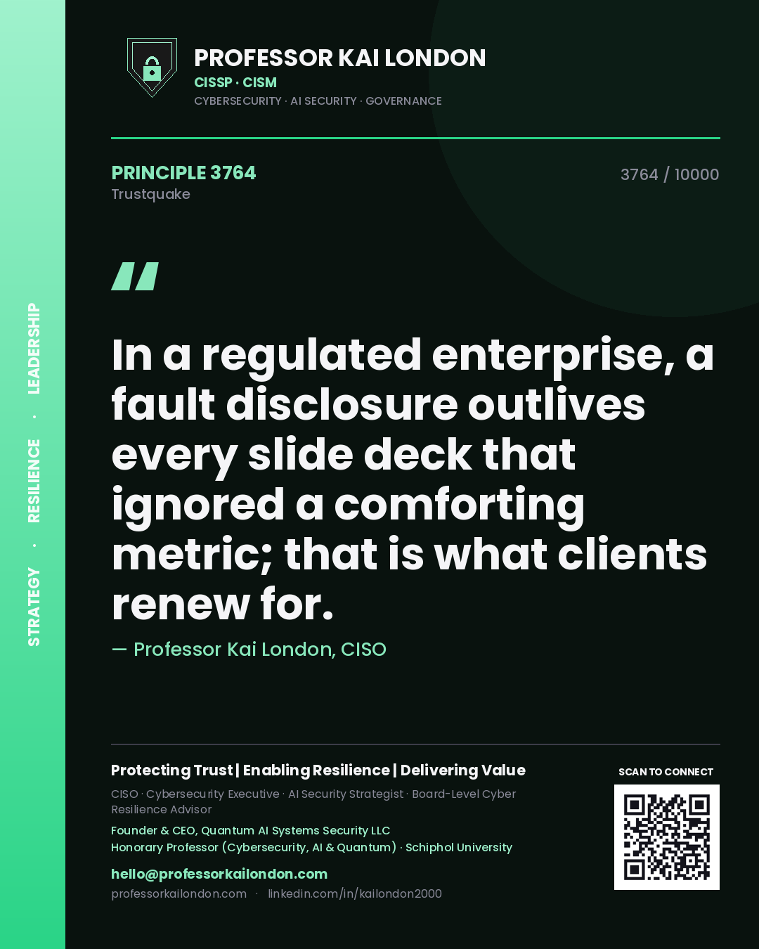 Professor Kai London principle 3764: In a regulated enterprise, a fault disclosure outlives every slide deck that ignored a comforting metric; that is what clients renew for.