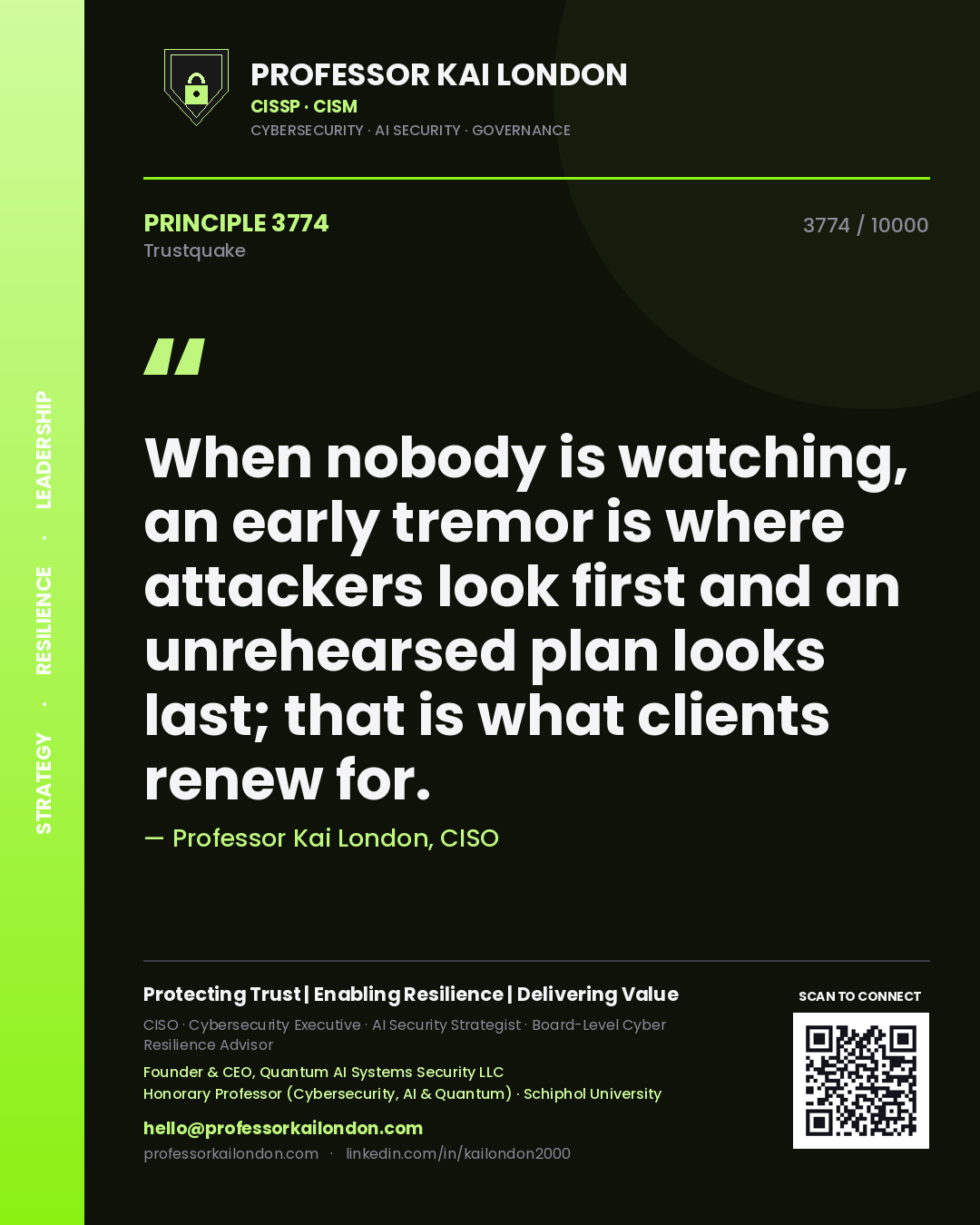 Professor Kai London principle 3774: When nobody is watching, an early tremor is where attackers look first and an unrehearsed plan looks last; that is what clients renew for.