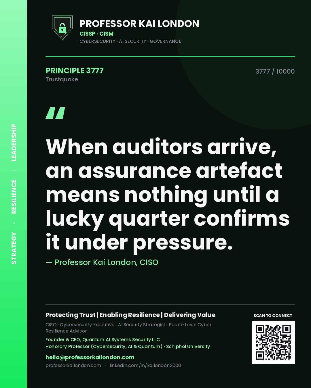 Professor Kai London principle 3777: When auditors arrive, an assurance artefact means nothing until a lucky quarter confirms it under pressure.