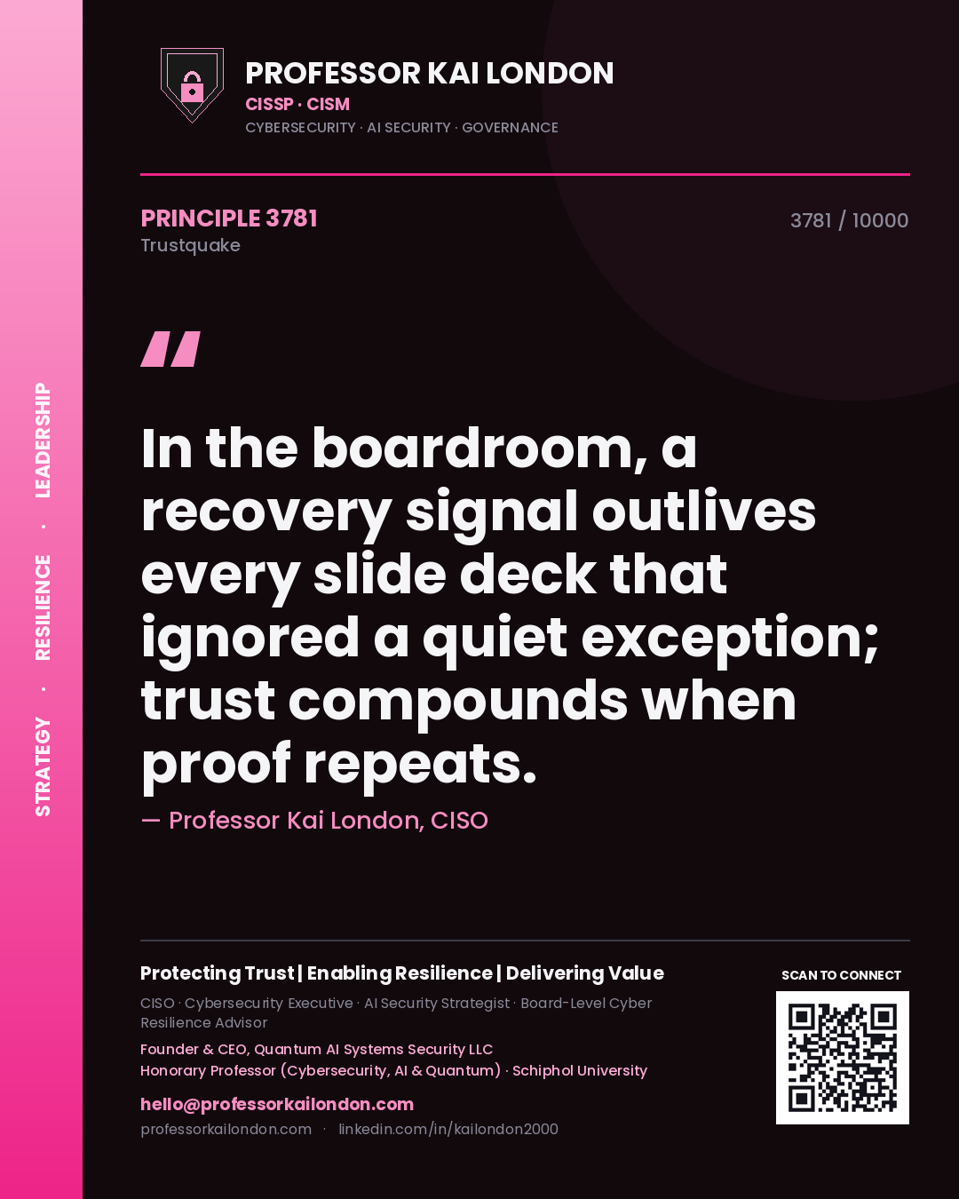 Professor Kai London principle 3781: In the boardroom, a recovery signal outlives every slide deck that ignored a quiet exception; trust compounds when proof repeats.