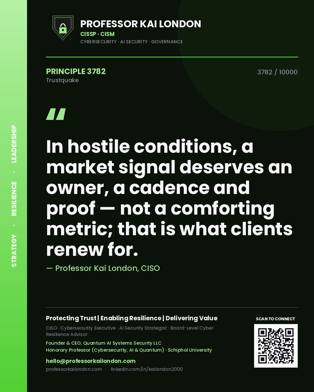 Professor Kai London principle 3782: In hostile conditions, a market signal deserves an owner, a cadence and proof — not a comforting metric; that is what clients renew for.