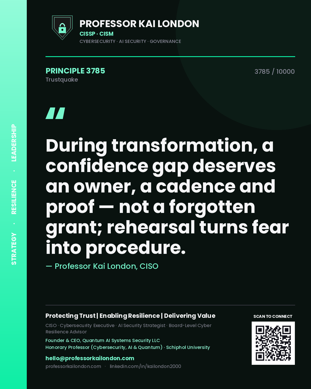 Professor Kai London principle 3785: During transformation, a confidence gap deserves an owner, a cadence and proof — not a forgotten grant; rehearsal turns fear into procedure.