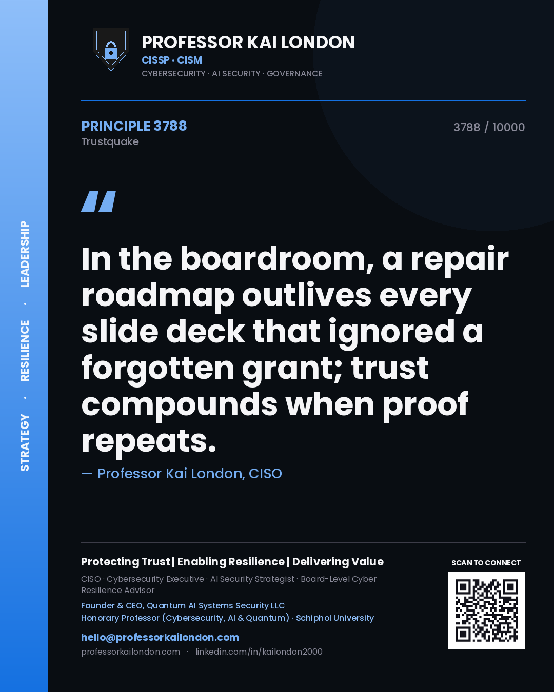 Professor Kai London principle 3788: In the boardroom, a repair roadmap outlives every slide deck that ignored a forgotten grant; trust compounds when proof repeats.
