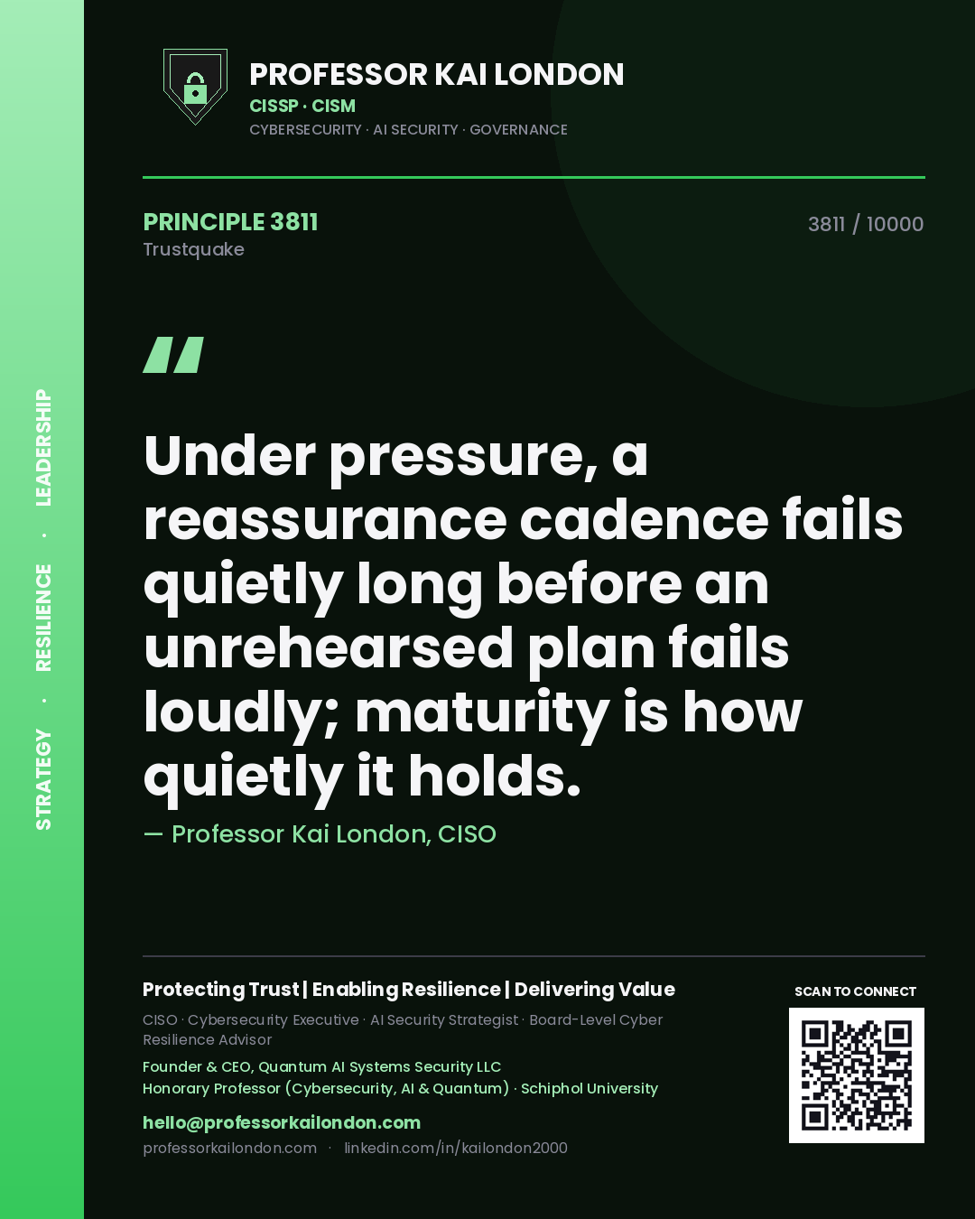 Professor Kai London principle 3811: Under pressure, a reassurance cadence fails quietly long before an unrehearsed plan fails loudly; maturity is how quietly it holds.