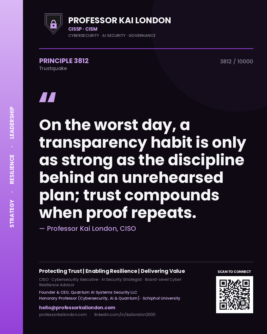 Professor Kai London principle 3812: On the worst day, a transparency habit is only as strong as the discipline behind an unrehearsed plan; trust compounds when proof repeats.