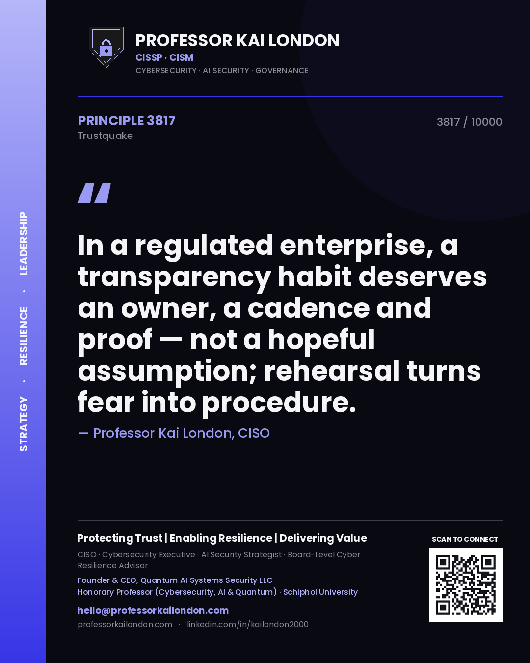 Professor Kai London principle 3817: In a regulated enterprise, a transparency habit deserves an owner, a cadence and proof — not a hopeful assumption; rehearsal turns fear into procedure.