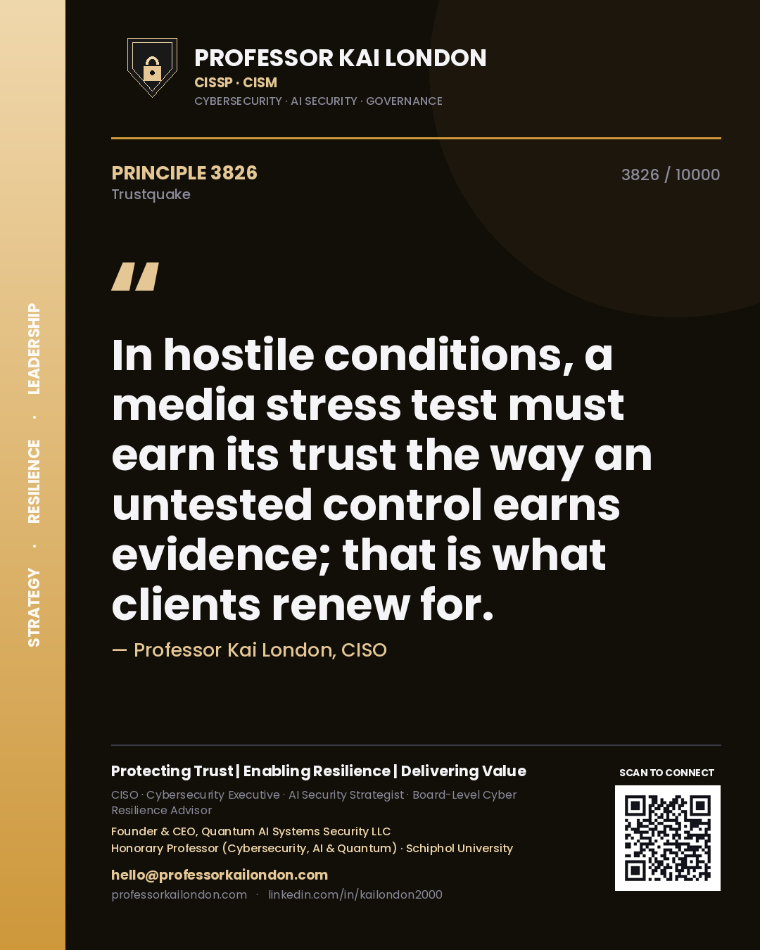 Professor Kai London principle 3826: In hostile conditions, a media stress test must earn its trust the way an untested control earns evidence; that is what clients renew for.