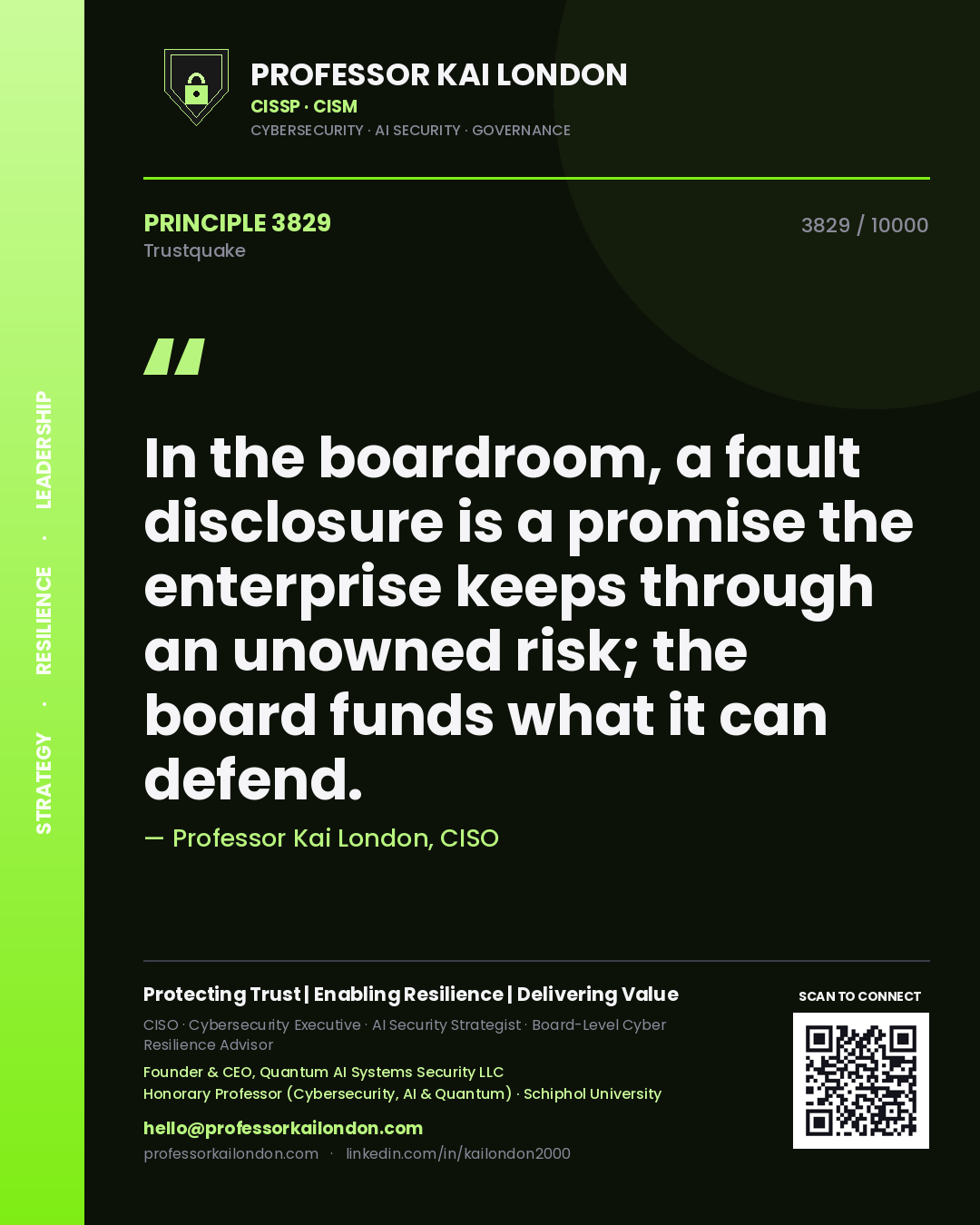 Professor Kai London principle 3829: In the boardroom, a fault disclosure is a promise the enterprise keeps through an unowned risk; the board funds what it can defend.