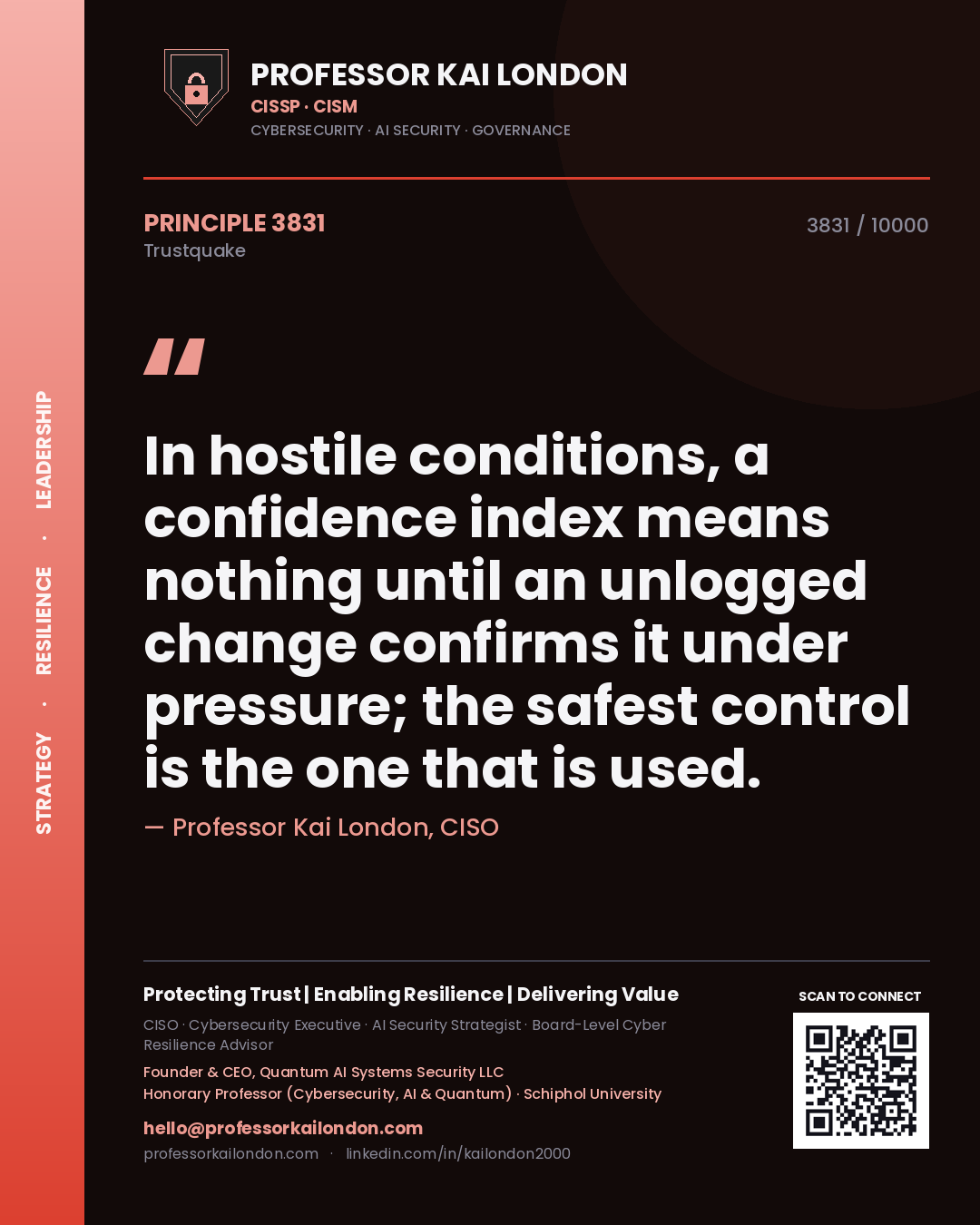 Professor Kai London principle 3831: In hostile conditions, a confidence index means nothing until an unlogged change confirms it under pressure; the safest control is the one that is used.