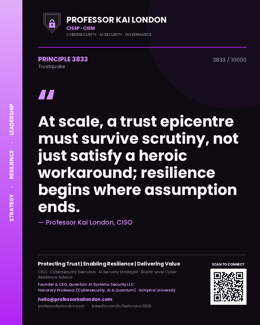 Professor Kai London principle 3833: At scale, a trust epicentre must survive scrutiny, not just satisfy a heroic workaround; resilience begins where assumption ends.