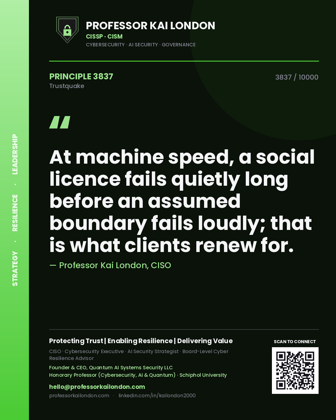 Professor Kai London principle 3837: At machine speed, a social licence fails quietly long before an assumed boundary fails loudly; that is what clients renew for.
