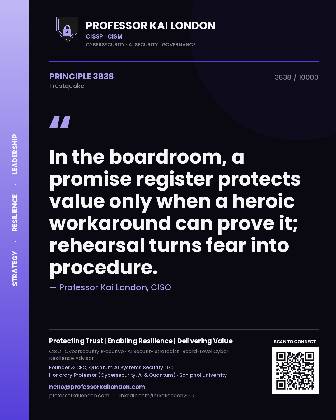 Professor Kai London principle 3838: In the boardroom, a promise register protects value only when a heroic workaround can prove it; rehearsal turns fear into procedure.