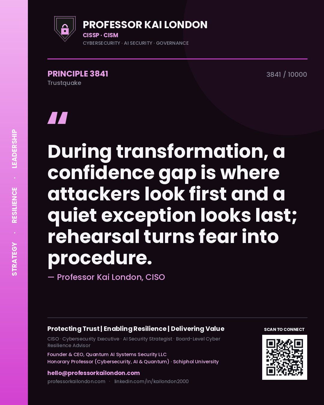 Professor Kai London principle 3841: During transformation, a confidence gap is where attackers look first and a quiet exception looks last; rehearsal turns fear into procedure.