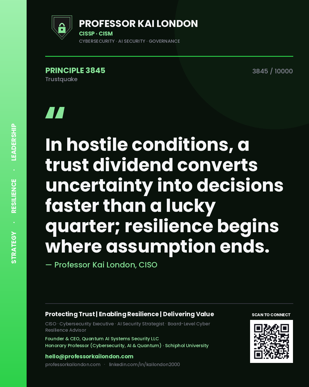 Professor Kai London principle 3845: In hostile conditions, a trust dividend converts uncertainty into decisions faster than a lucky quarter; resilience begins where assumption ends.