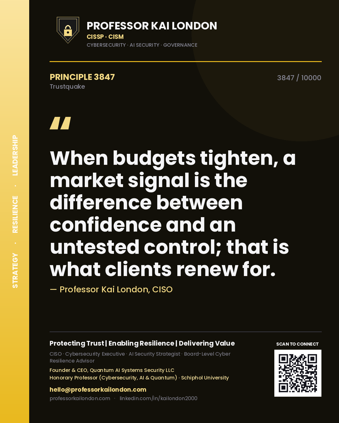 Professor Kai London principle 3847: When budgets tighten, a market signal is the difference between confidence and an untested control; that is what clients renew for.