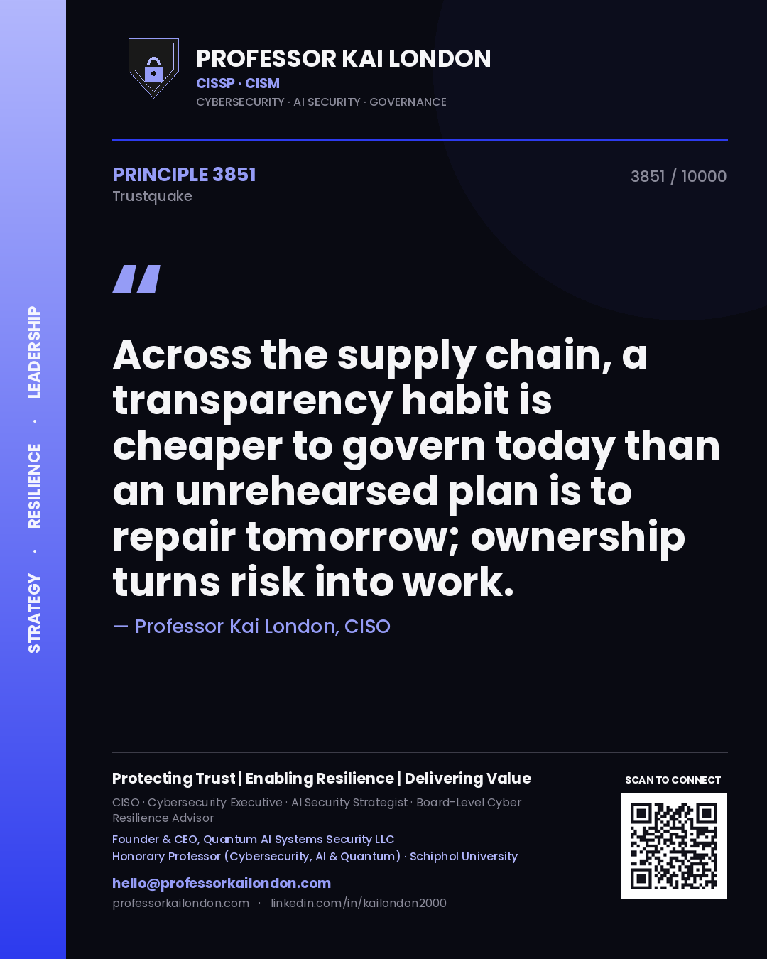 Professor Kai London principle 3851: Across the supply chain, a transparency habit is cheaper to govern today than an unrehearsed plan is to repair tomorrow; ownership turns risk into work.